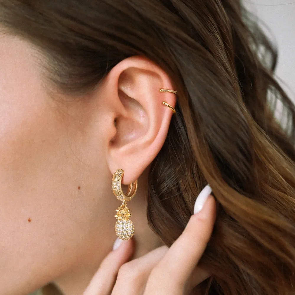 14K Gold Huggies Hoop Dangle Drop Earrings- Pineapple hoop