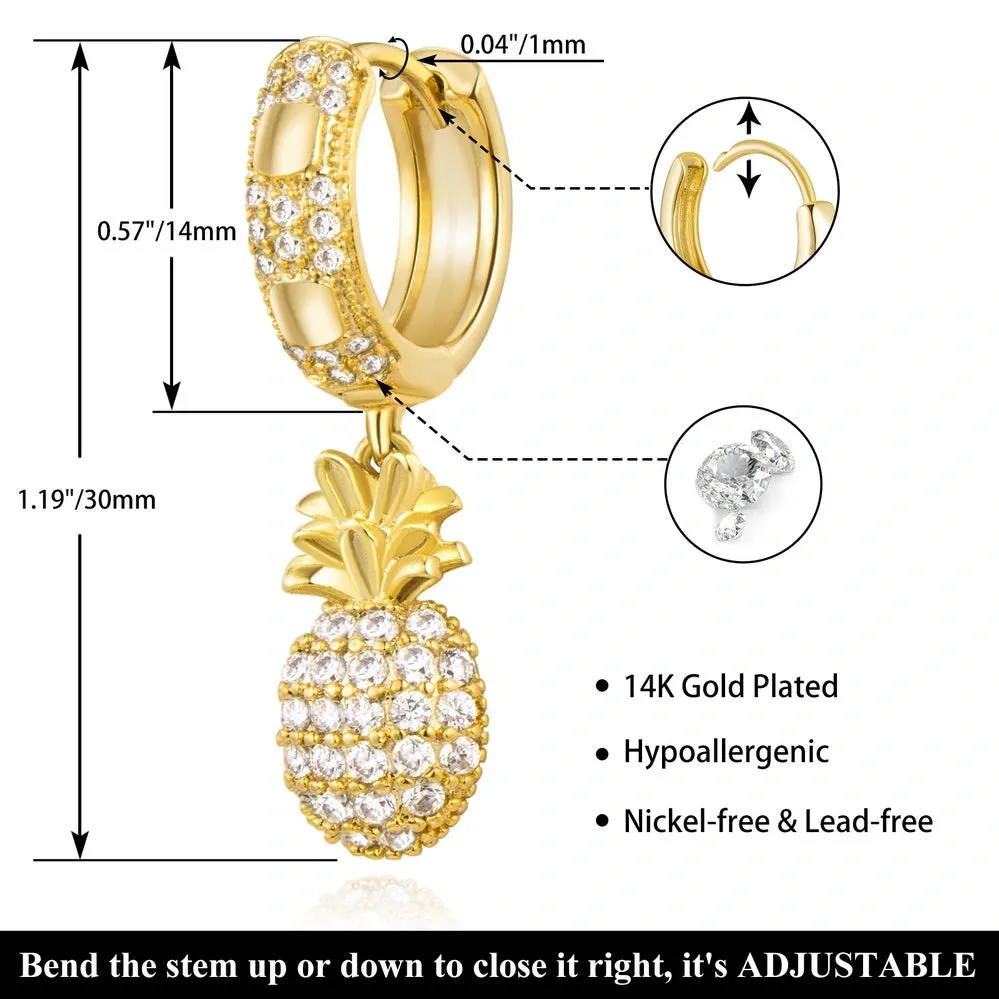 14K Gold Huggies Hoop Dangle Drop Earrings- Pineapple hoop