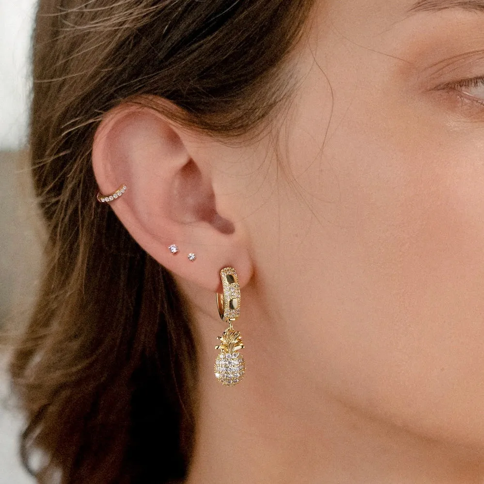 14K Gold Huggies Hoop Dangle Drop Earrings- Pineapple hoop