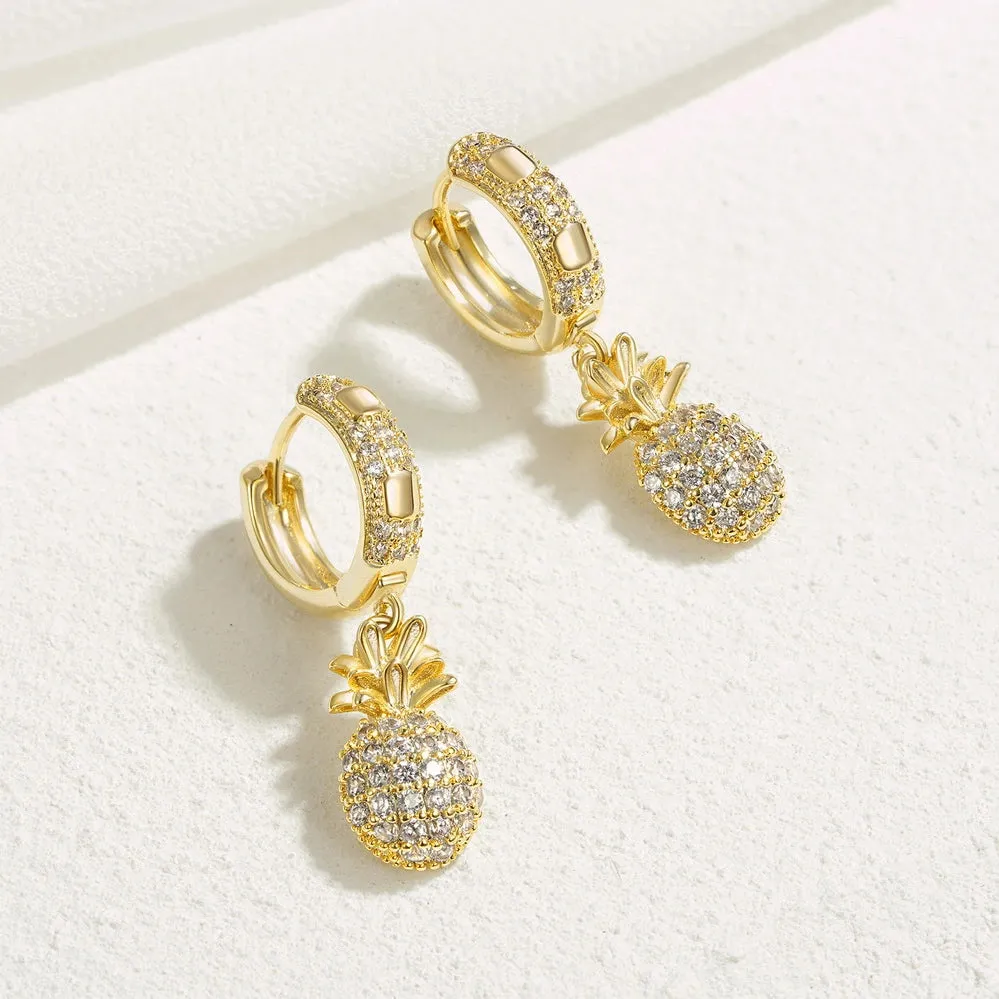 14K Gold Huggies Hoop Dangle Drop Earrings- Pineapple hoop