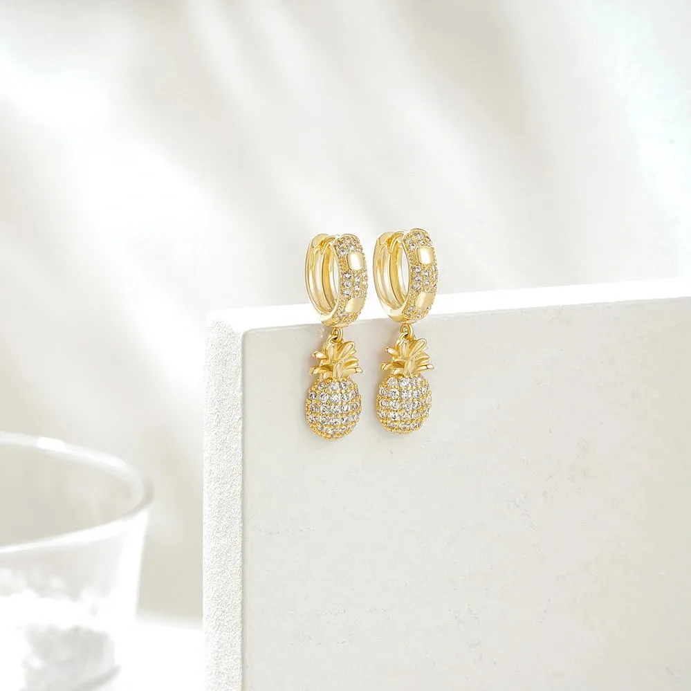 14K Gold Huggies Hoop Dangle Drop Earrings- Pineapple hoop