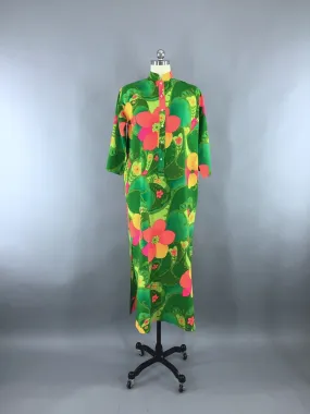 1960s Vintage Neon Green Hawaiian Print Caftan Dress