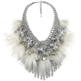 #886n Chainmail, Crystal & Fur Bib Necklace