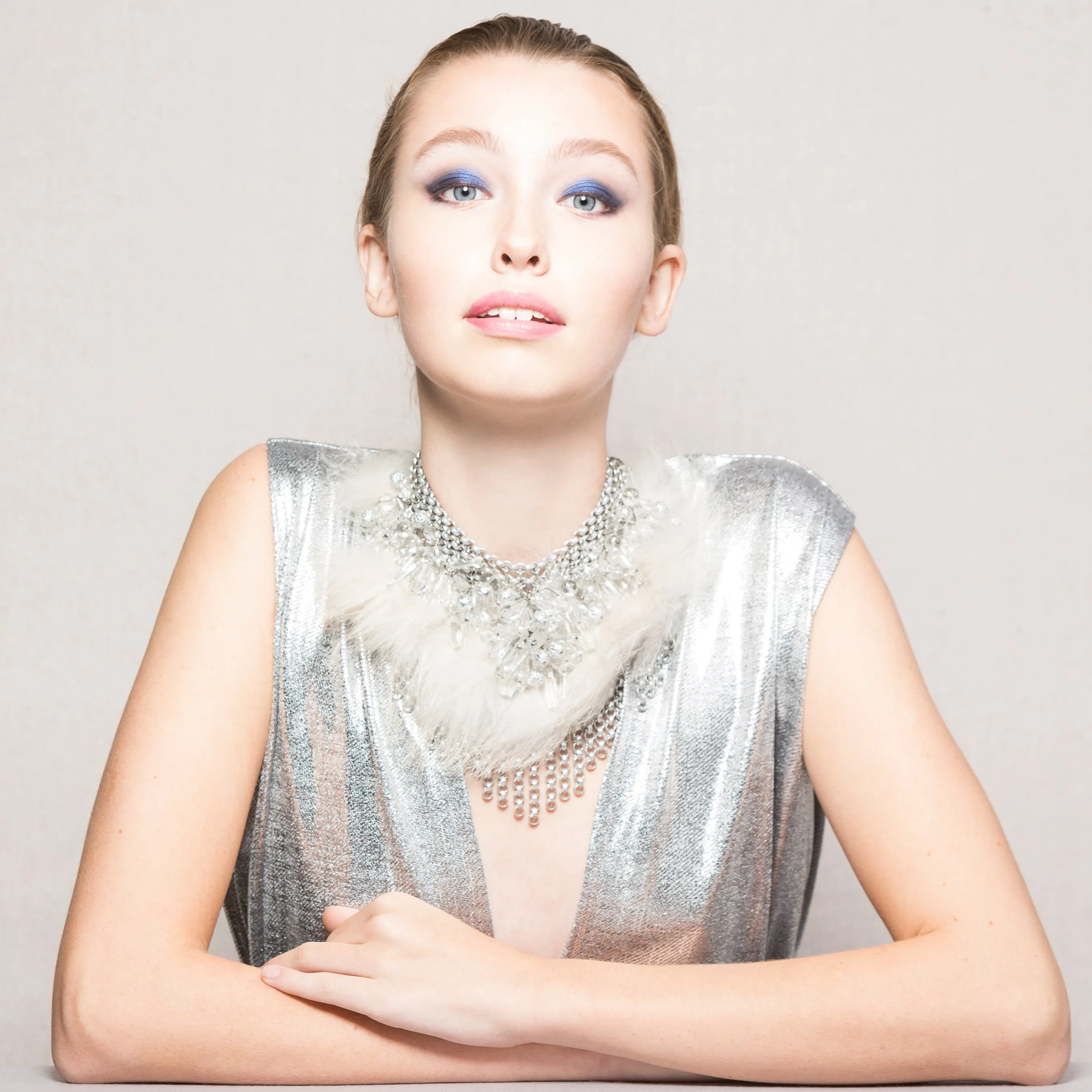 #886n Chainmail, Crystal & Fur Bib Necklace