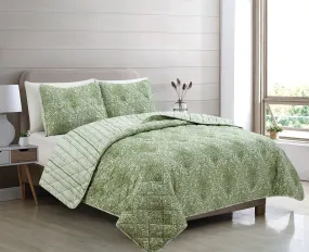 Adrianne Olive Reversible Quilt Set - Elegant Floral Design, Soft Microfiber Fabric, Complete Bedding Collection for Cozy Home Décor