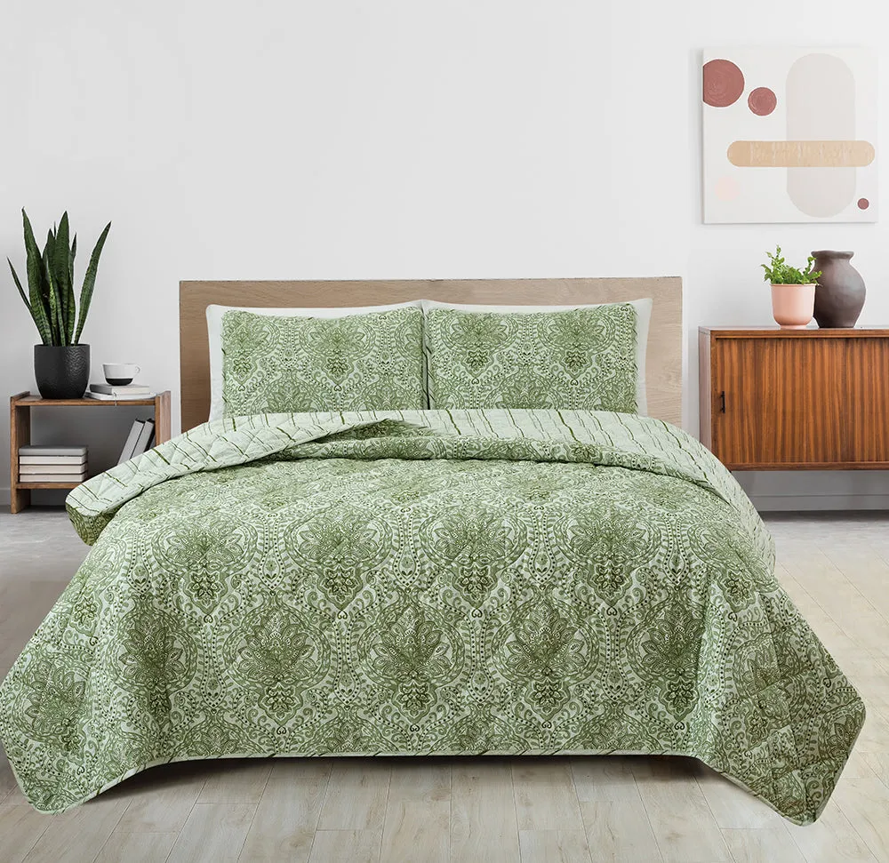 Adrianne Olive Reversible Quilt Set - Elegant Floral Design, Soft Microfiber Fabric, Complete Bedding Collection for Cozy Home Décor