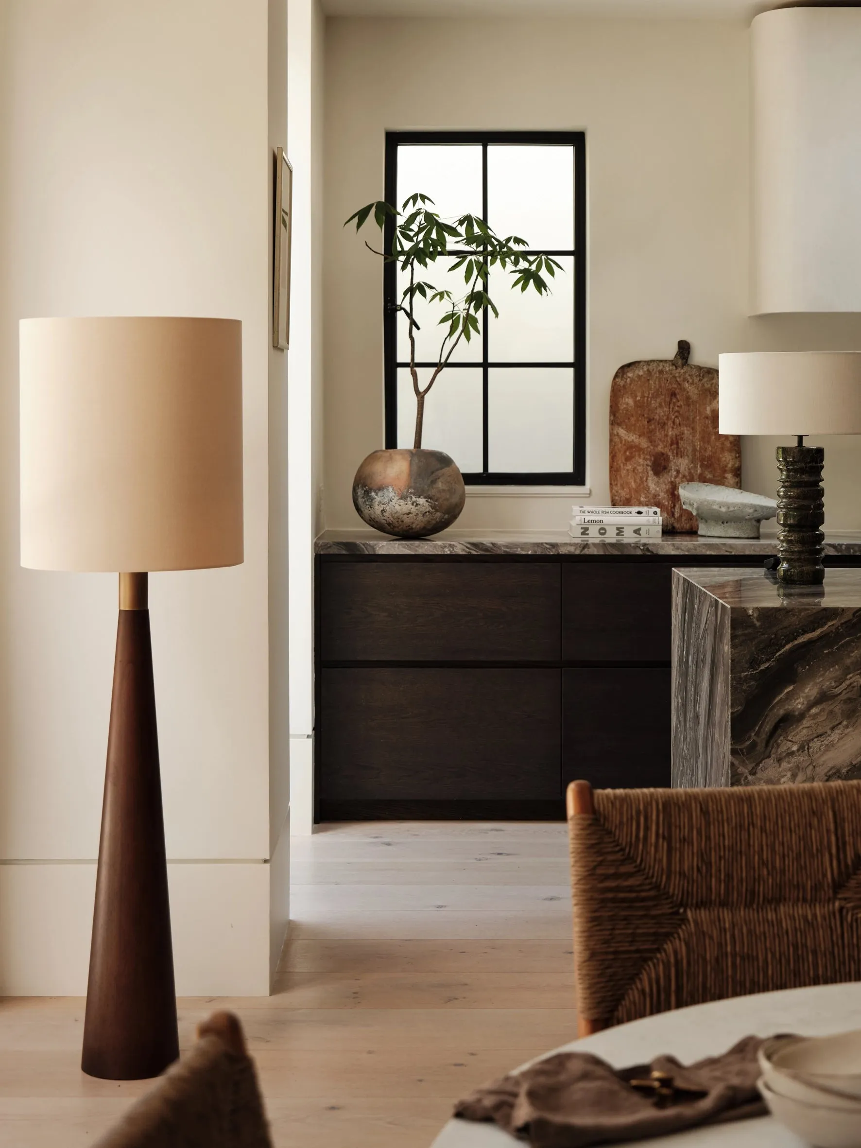 Baneza - aged brass and wood cone floor lamp