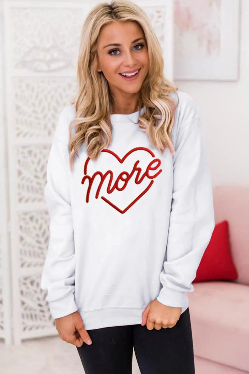 Beige More Heart Shaped Embroidered Pullover Sweatshirt