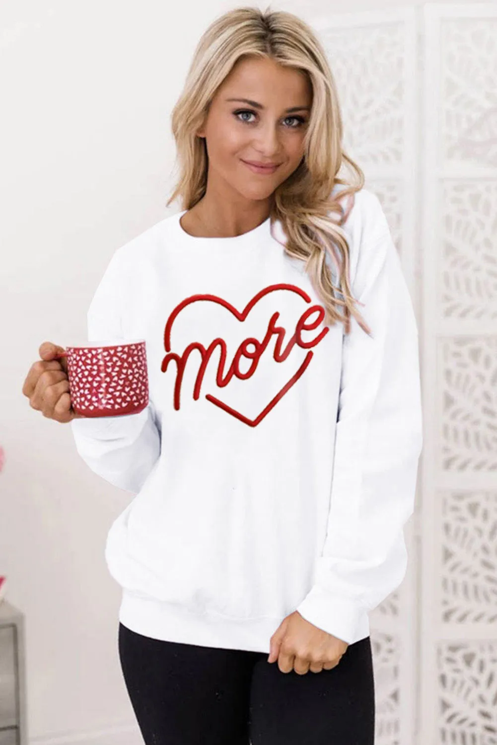 Beige More Heart Shaped Embroidered Pullover Sweatshirt
