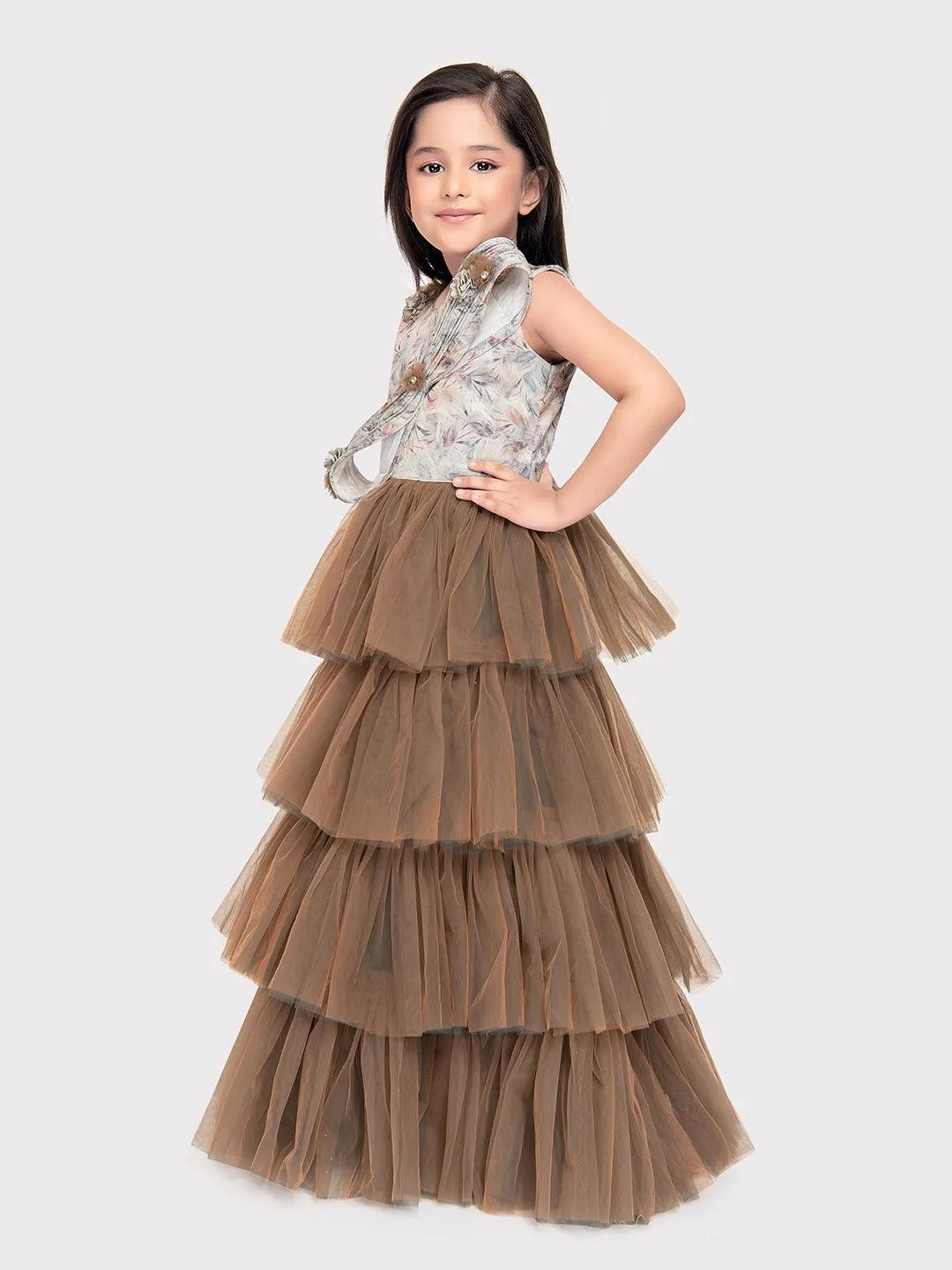 Biscuit Coloured Imported Net Gown For Girls\ Fancy Style Bow Concept Gown For Girls