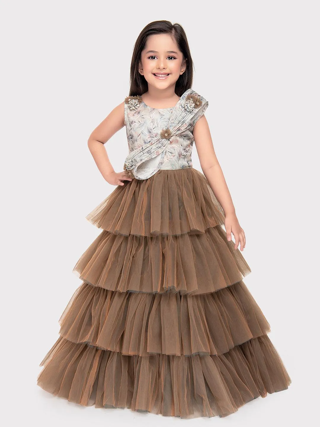 Biscuit Coloured Imported Net Gown For Girls\ Fancy Style Bow Concept Gown For Girls