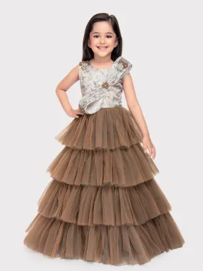 Biscuit Coloured Imported Net Gown For Girls\ Fancy Style Bow Concept Gown For Girls