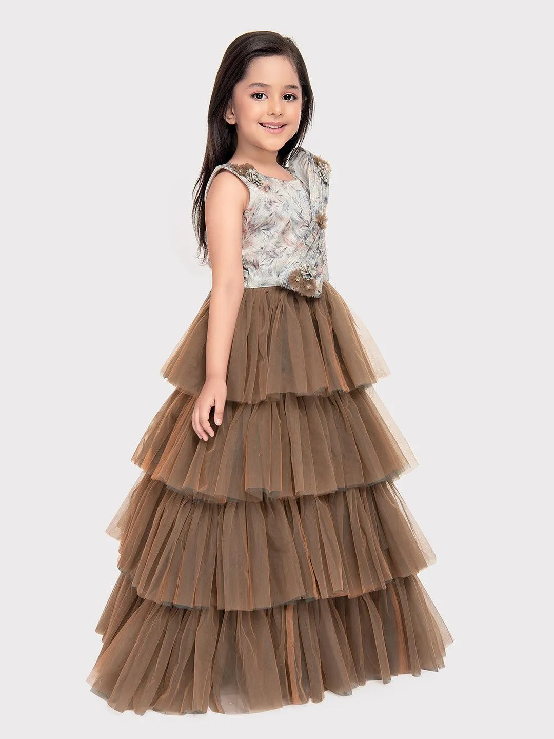 Biscuit Coloured Imported Net Gown For Girls\ Fancy Style Bow Concept Gown For Girls