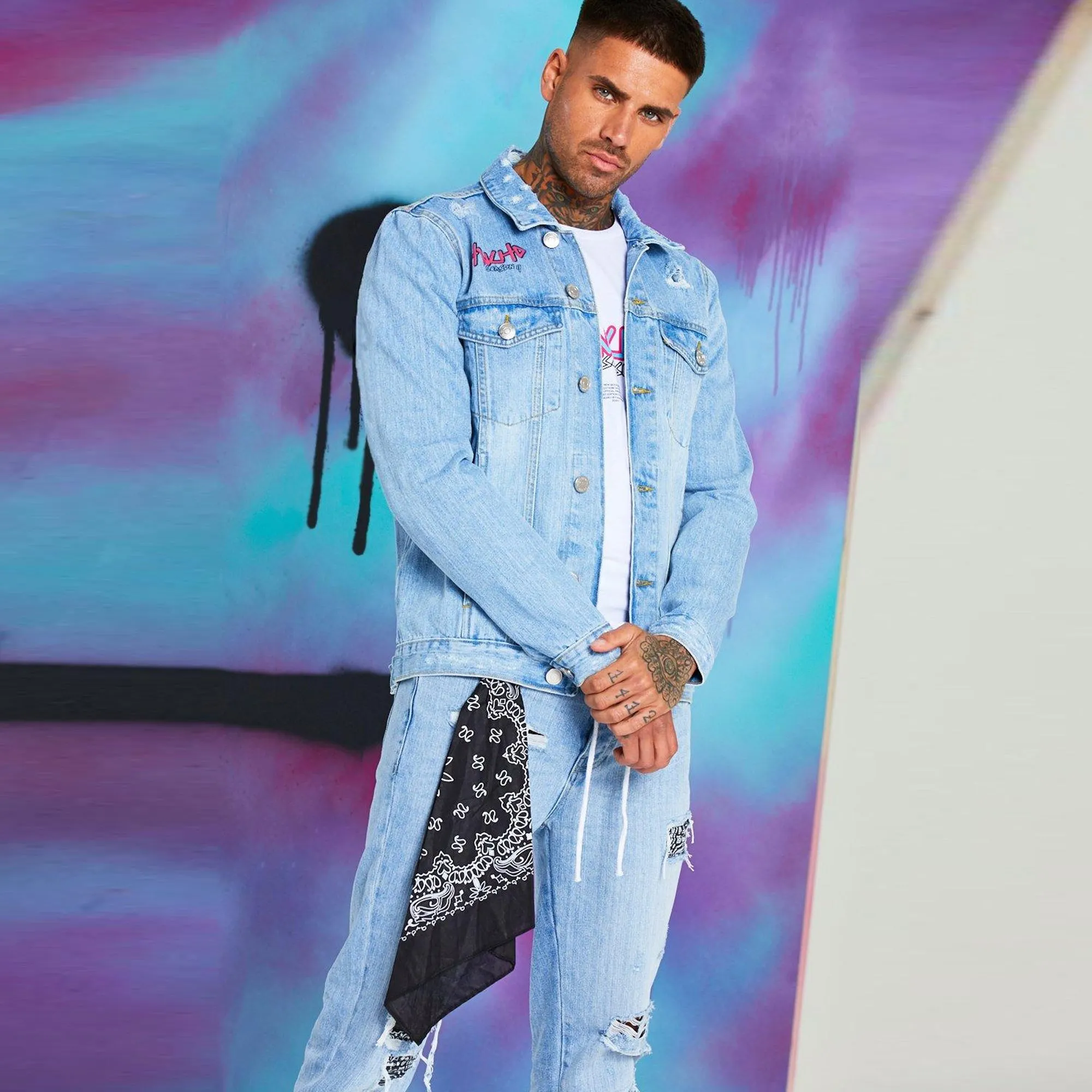 BOOHOO.MAN - Men 'Blue' Quavo Denim With Huncho Print Jacket MN095
