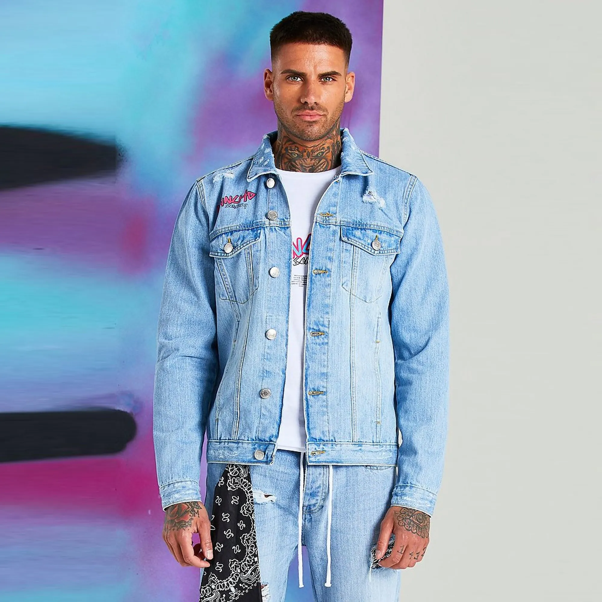 BOOHOO.MAN - Men 'Blue' Quavo Denim With Huncho Print Jacket MN095