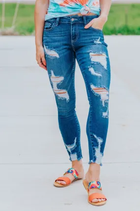 Christie Cello Mid Rise Raw Hem Crop Distressed Dark Wash Skinny Jeans