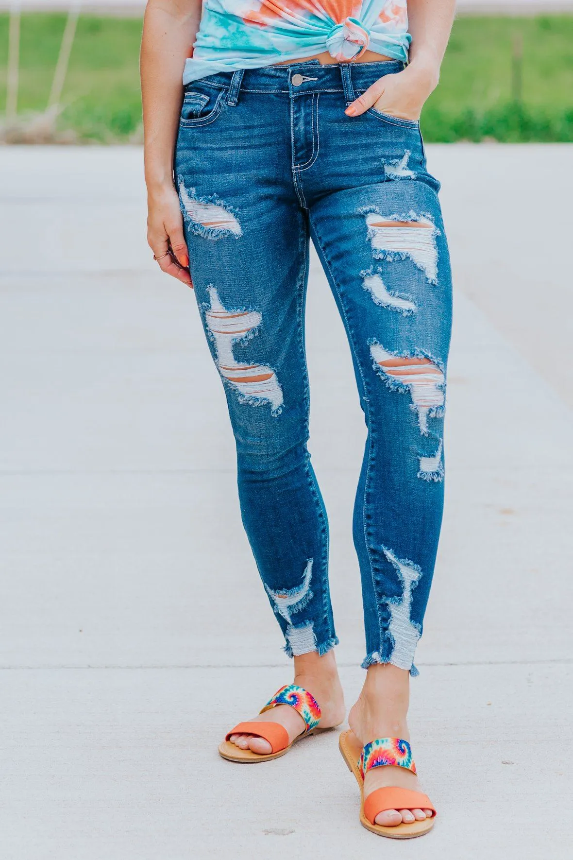 Christie Cello Mid Rise Raw Hem Crop Distressed Dark Wash Skinny Jeans