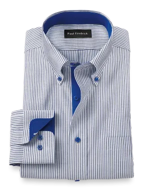 Comfort Stretch Non-Iron Stripe Dress Shirt With Contrast Trim - Cobalt