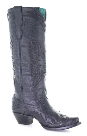 Corral Women's 15" Vintage Solid Black Tall Eagle Overlay Snip Toe Western Boot