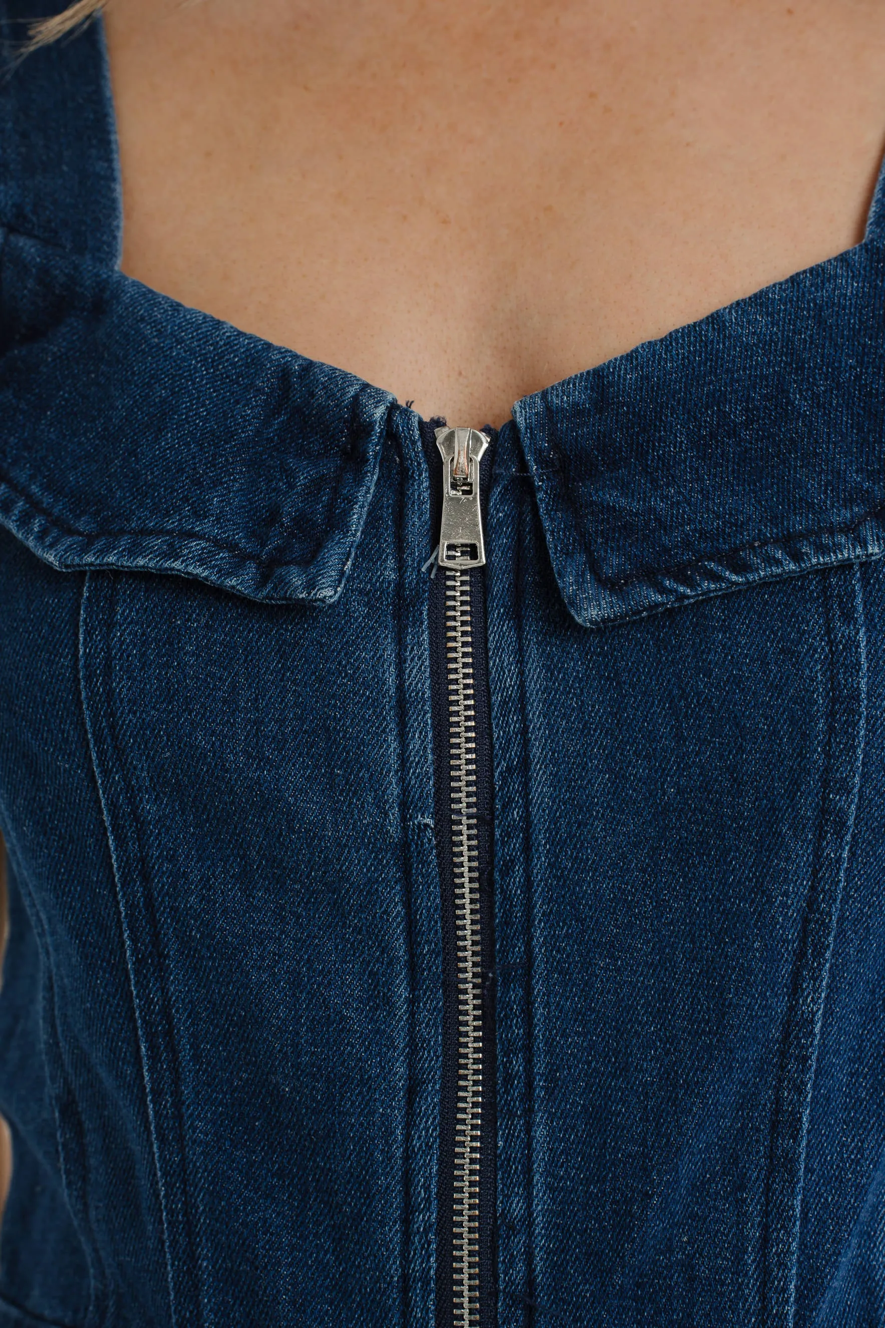 Daisy Zip Front Denim Dress In Dark Wash