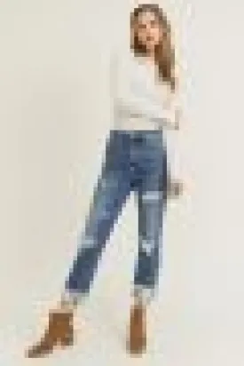 Distressed Cuffed Straight Leg Jeans