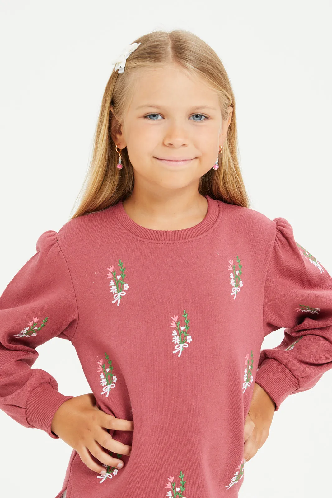 Girls Burgundy Embroidered Sweatshirt