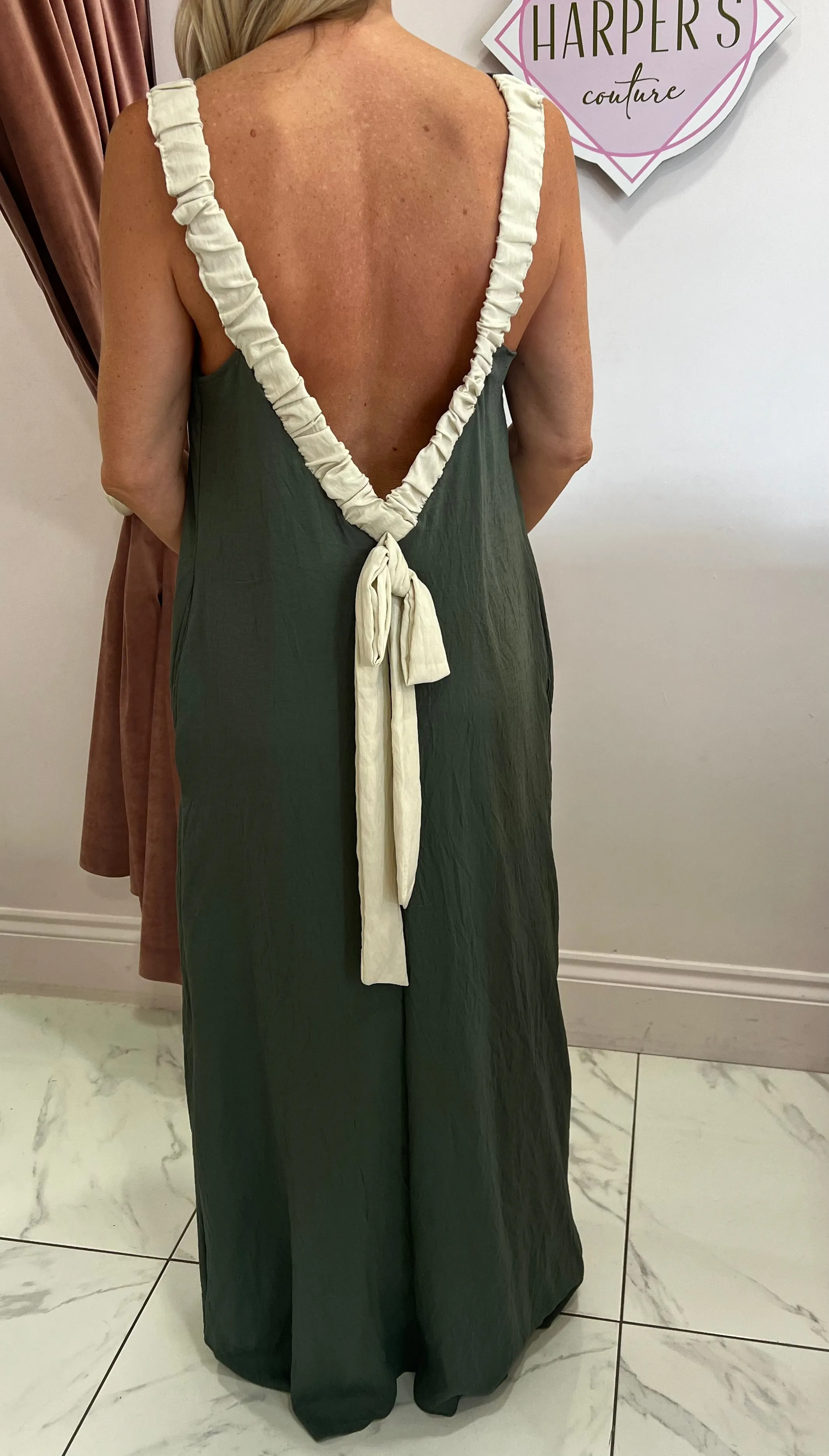 Helena Khaki V Back Maxi Dress