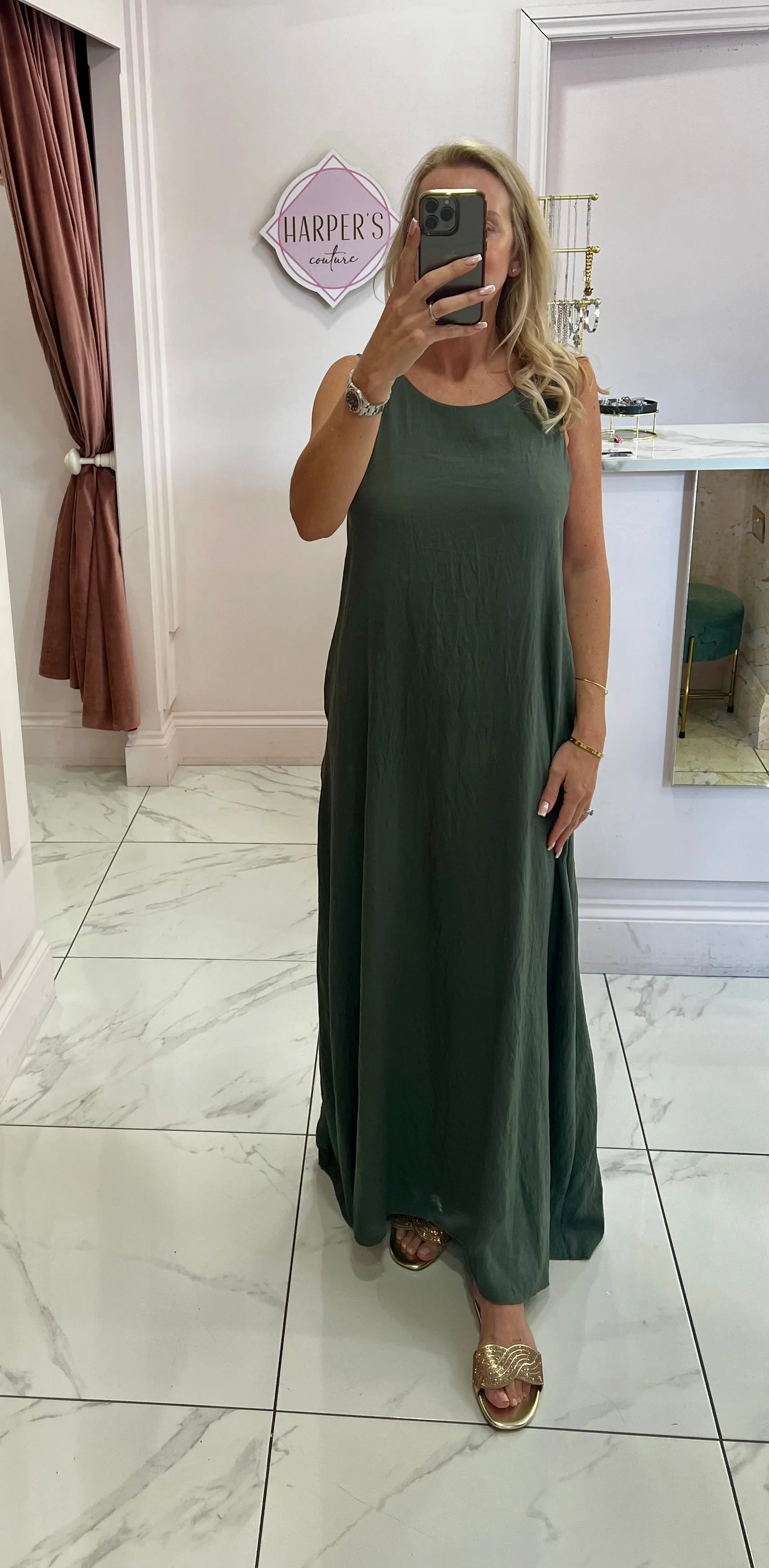 Helena Khaki V Back Maxi Dress