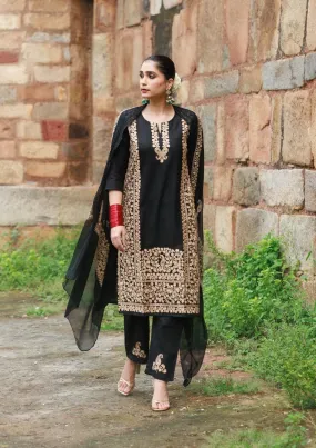 Womens Black Aari Embroidered 3-Piece Long Kurta Set - Elegant Cotton Craftsmanship