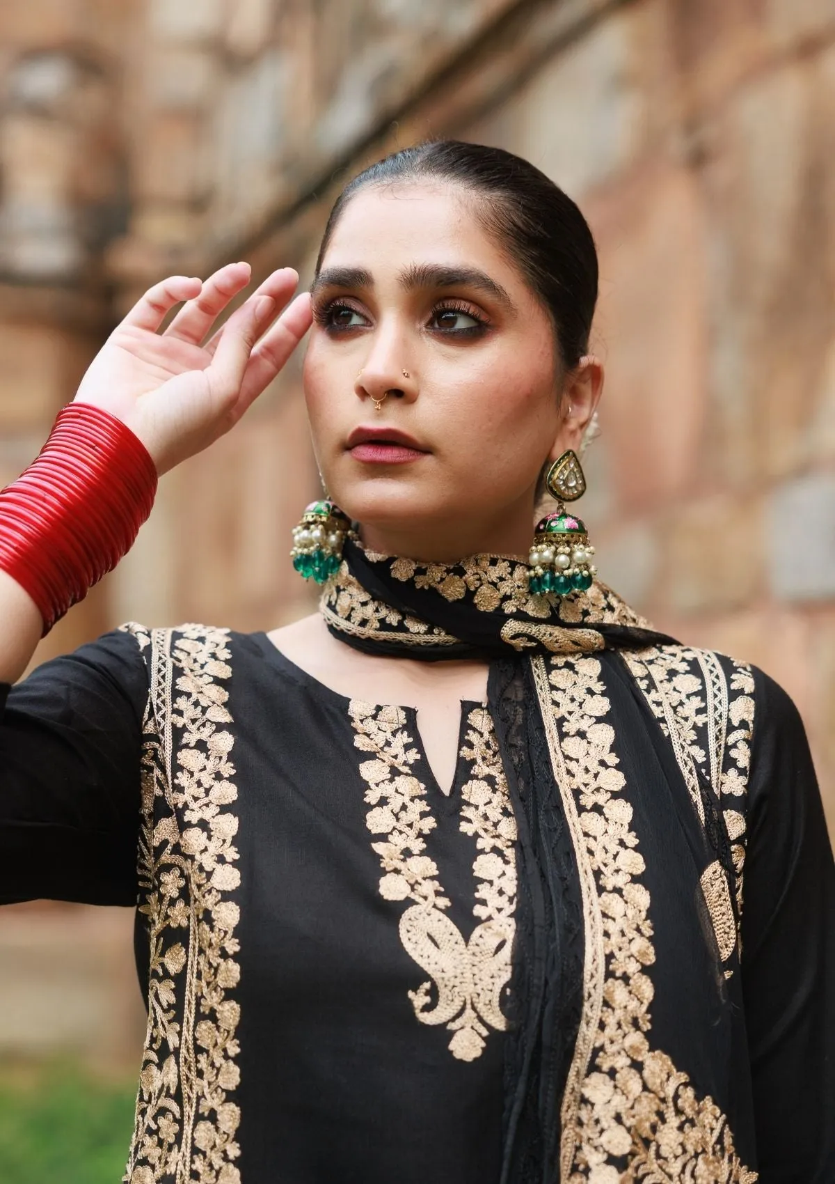 Womens Black Aari Embroidered 3-Piece Long Kurta Set - Elegant Cotton Craftsmanship