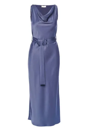 Ink Textured Satin Belted Midi Dress