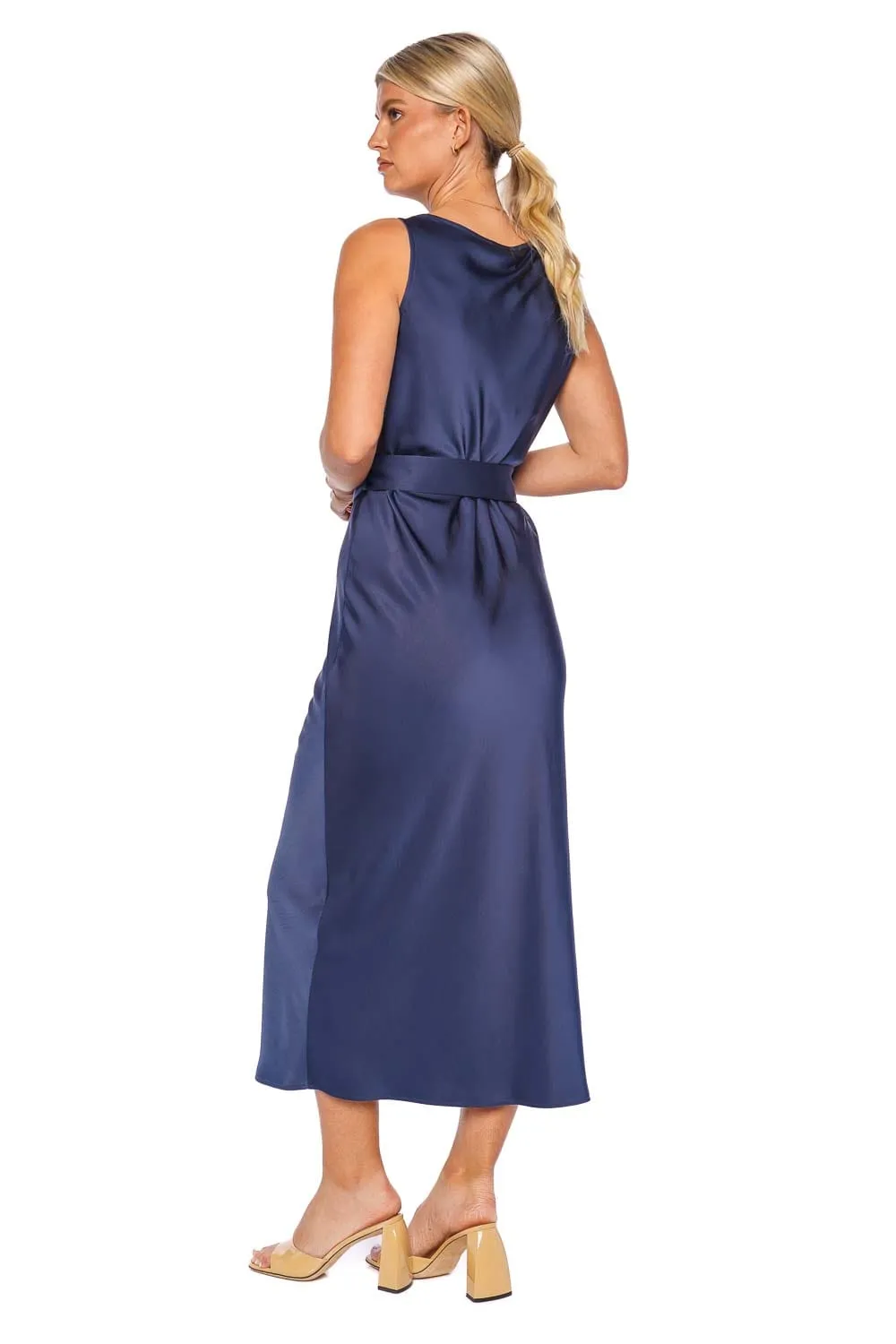 Ink Textured Satin Belted Midi Dress