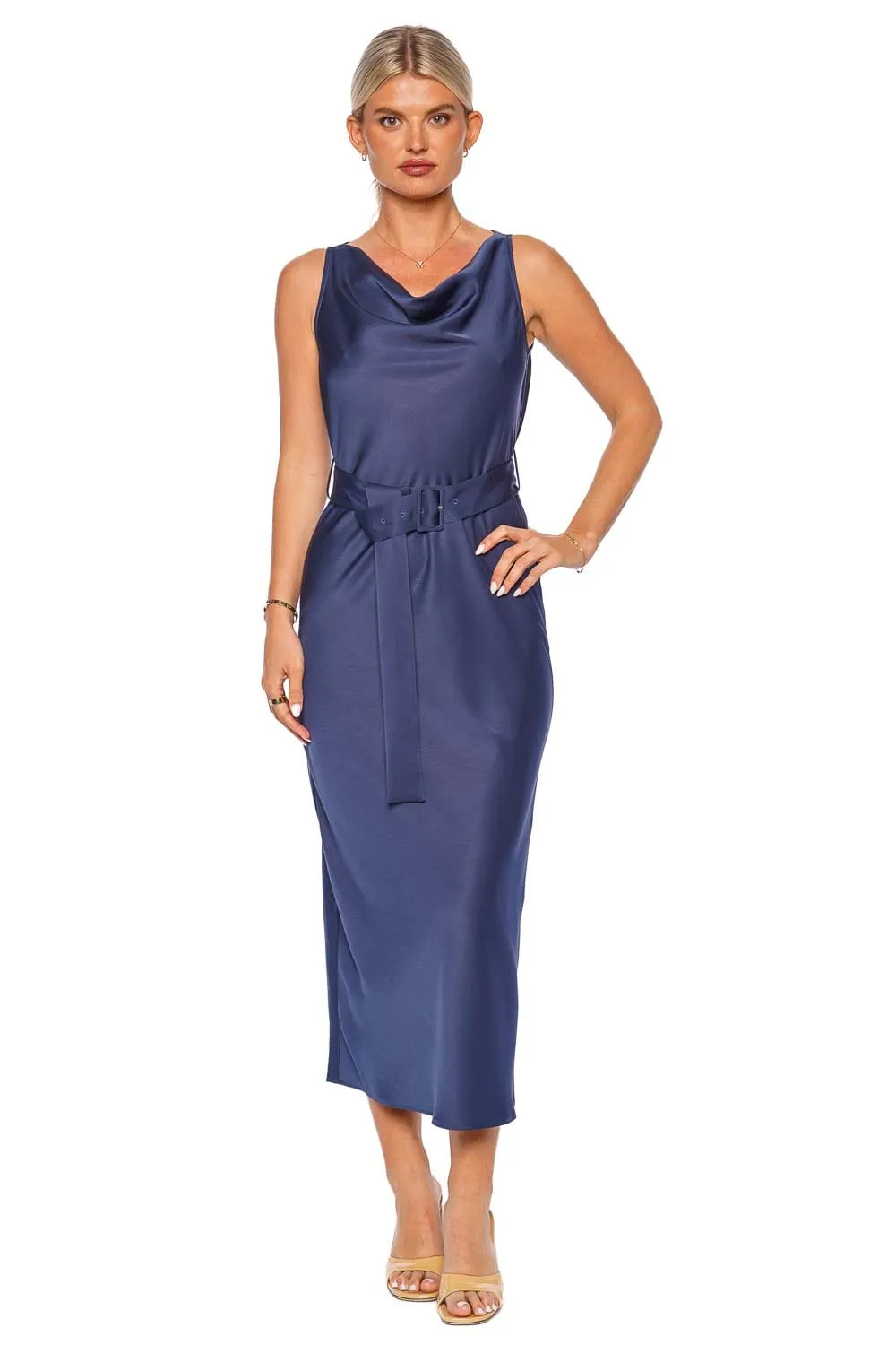 Ink Textured Satin Belted Midi Dress