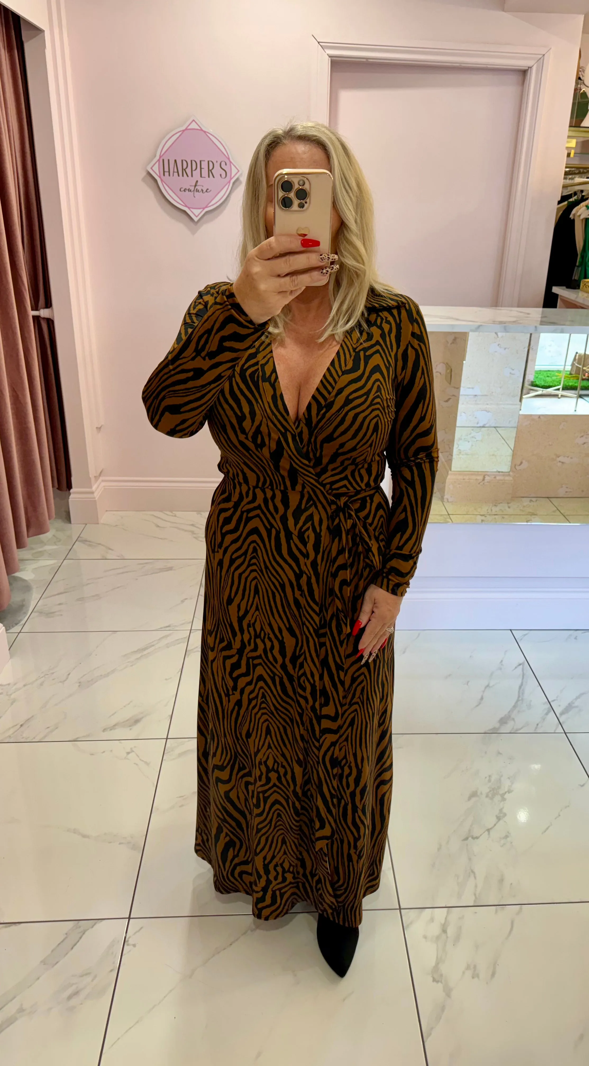 Kate Camel & Black Animal Print Wrap Dress