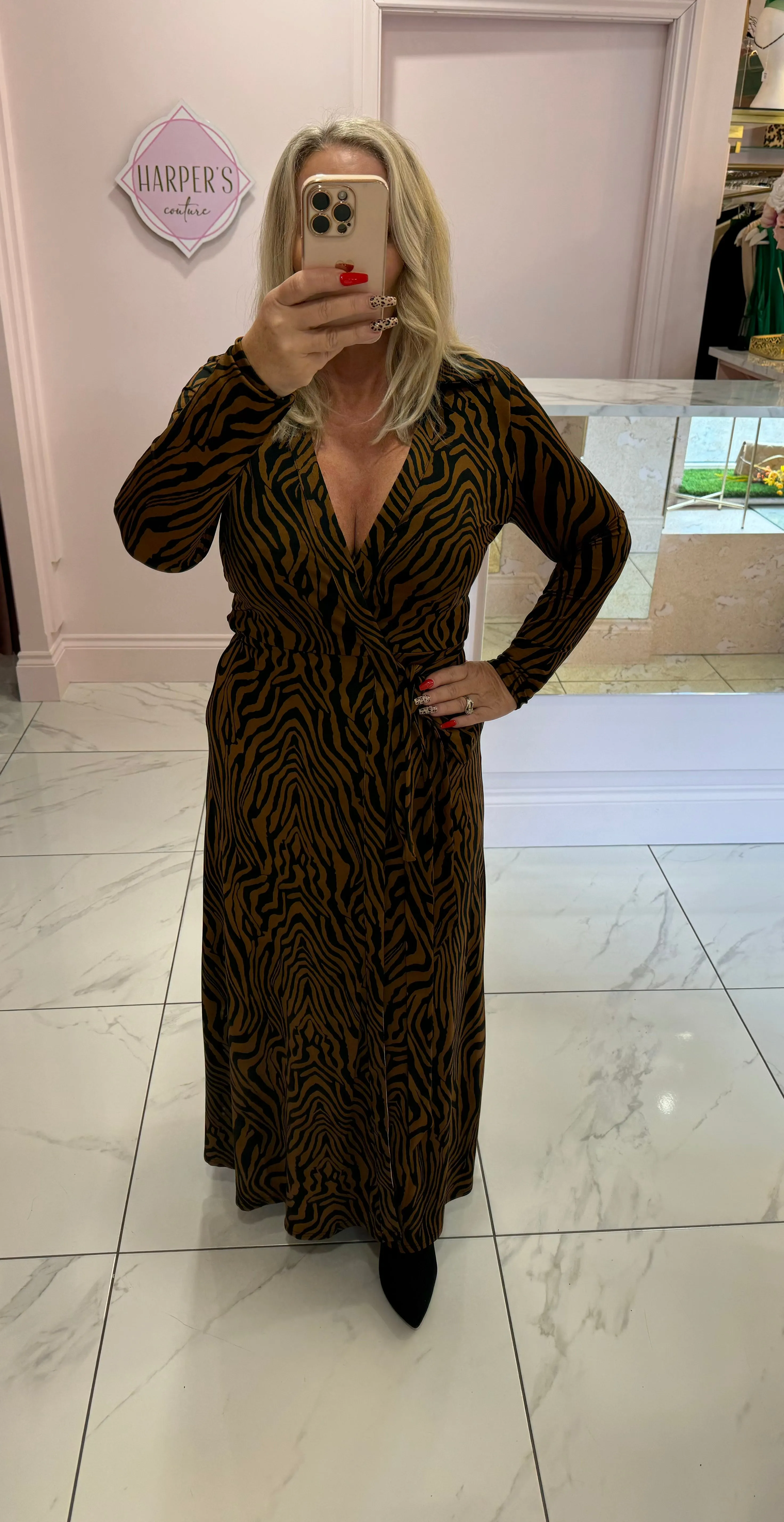 Kate Camel & Black Animal Print Wrap Dress