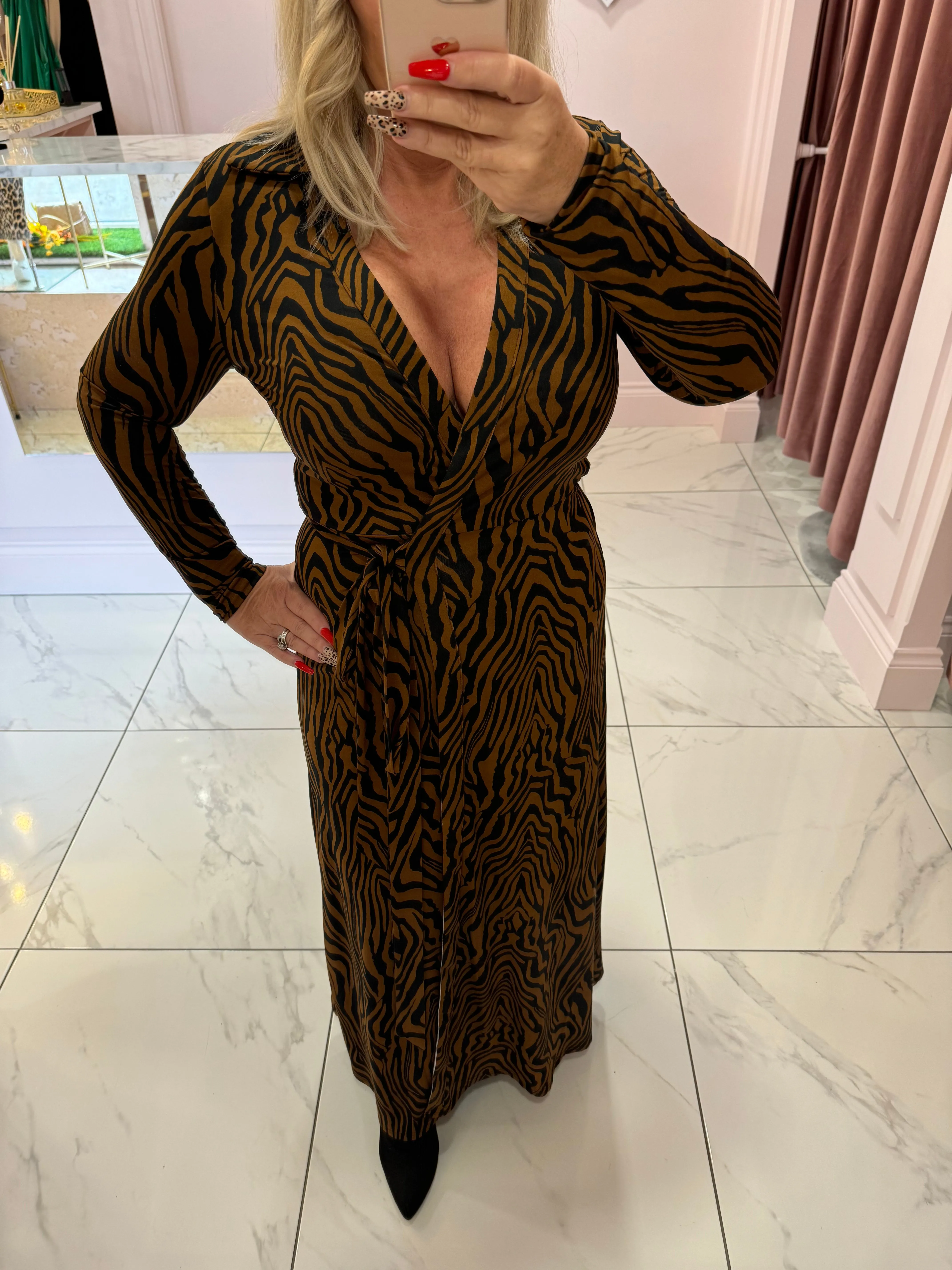 Kate Camel & Black Animal Print Wrap Dress