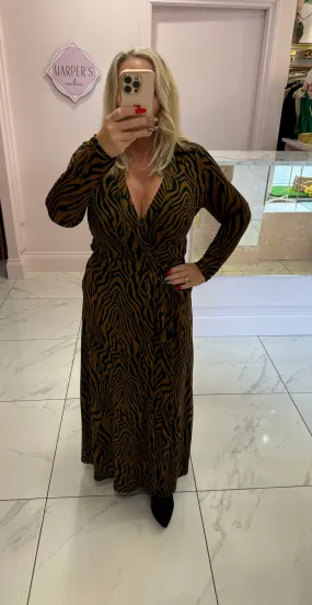 Kate Camel & Black Animal Print Wrap Dress