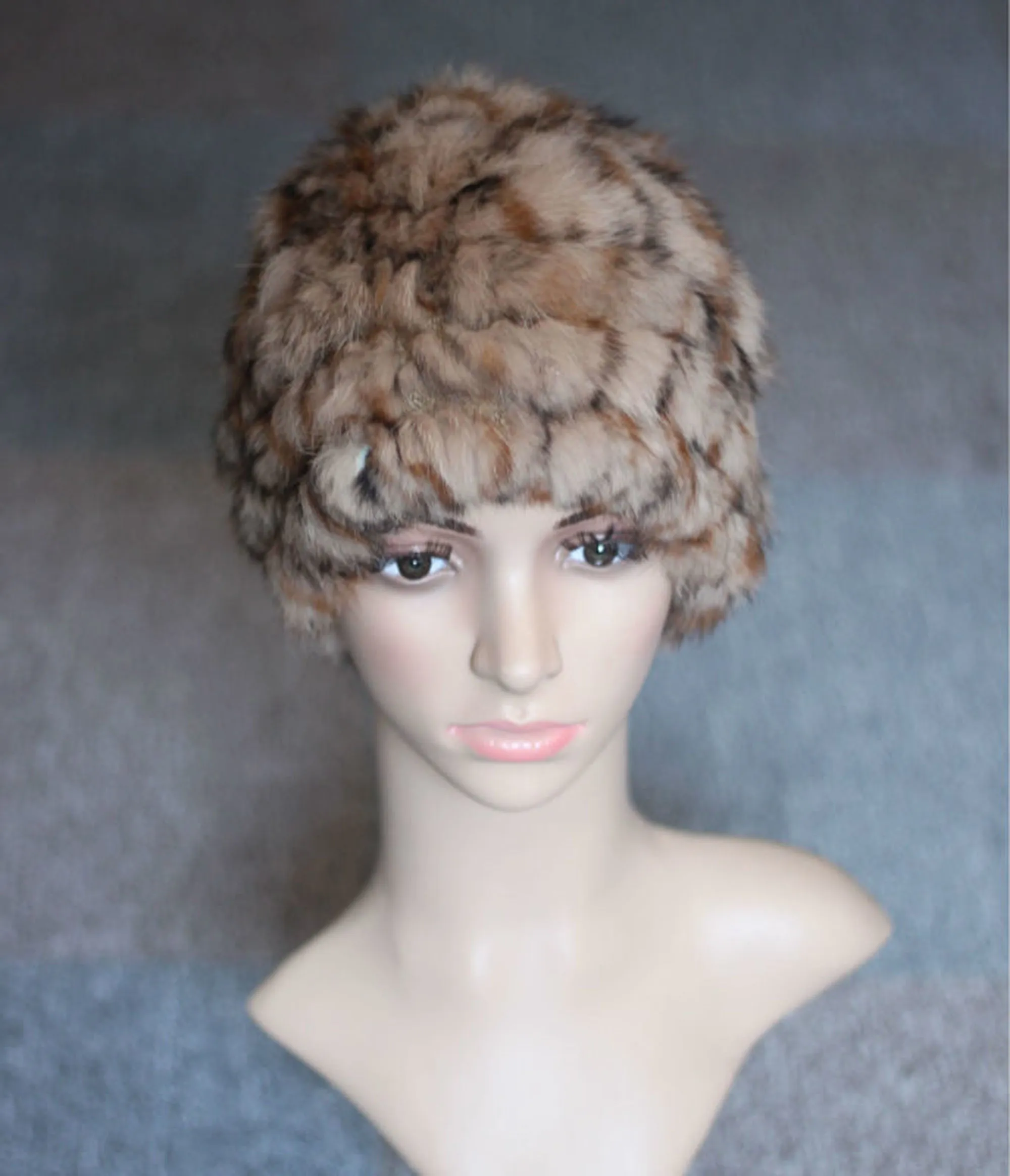Knitted Real Rabbit Fur Hat Leopard Beanie Skullies Women Cap Headgear 060104