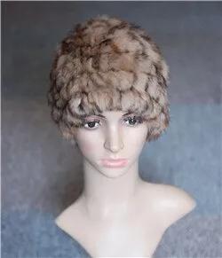 Knitted Real Rabbit Fur Hat Leopard Beanie Skullies Women Cap Headgear 060104