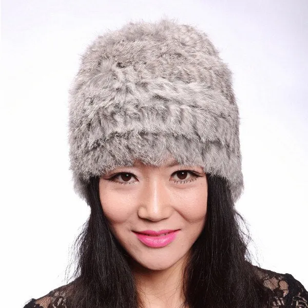 Knitted Real Rabbit Fur Hat Leopard Beanie Skullies Women Cap Headgear 060104