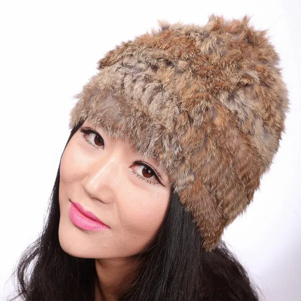 Knitted Real Rabbit Fur Hat Leopard Beanie Skullies Women Cap Headgear 060104