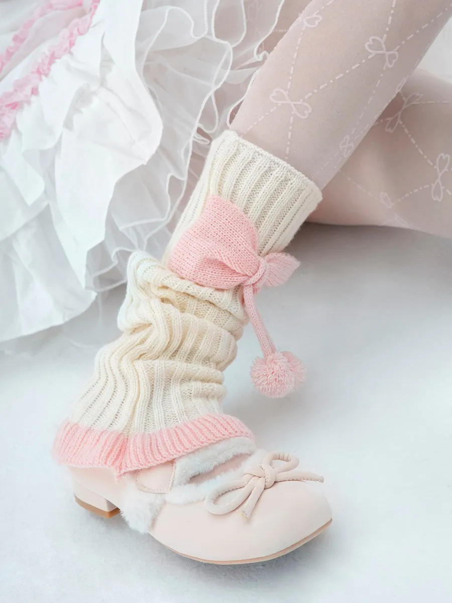 Lolita Fur Ball Lace Pink Bow Socks