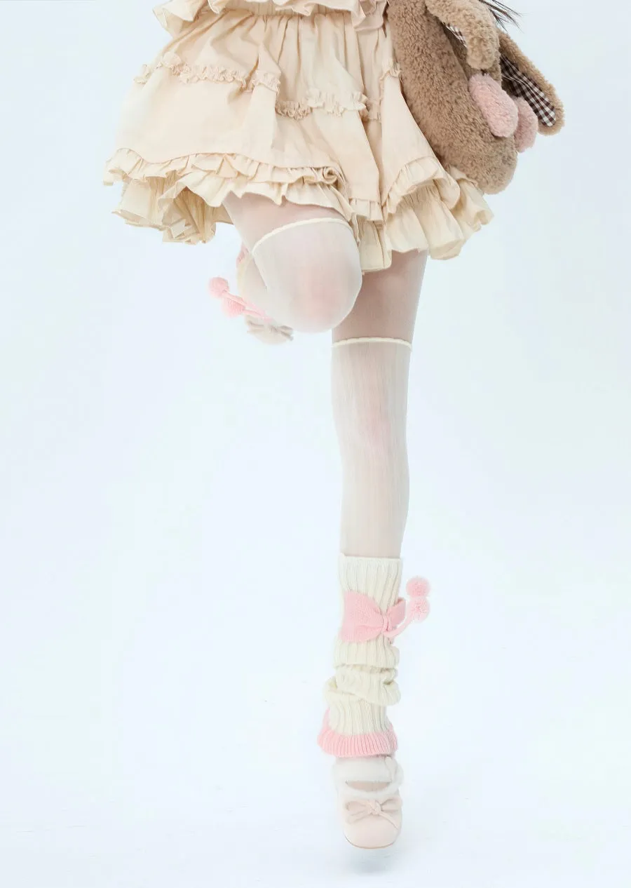 Lolita Fur Ball Lace Pink Bow Socks