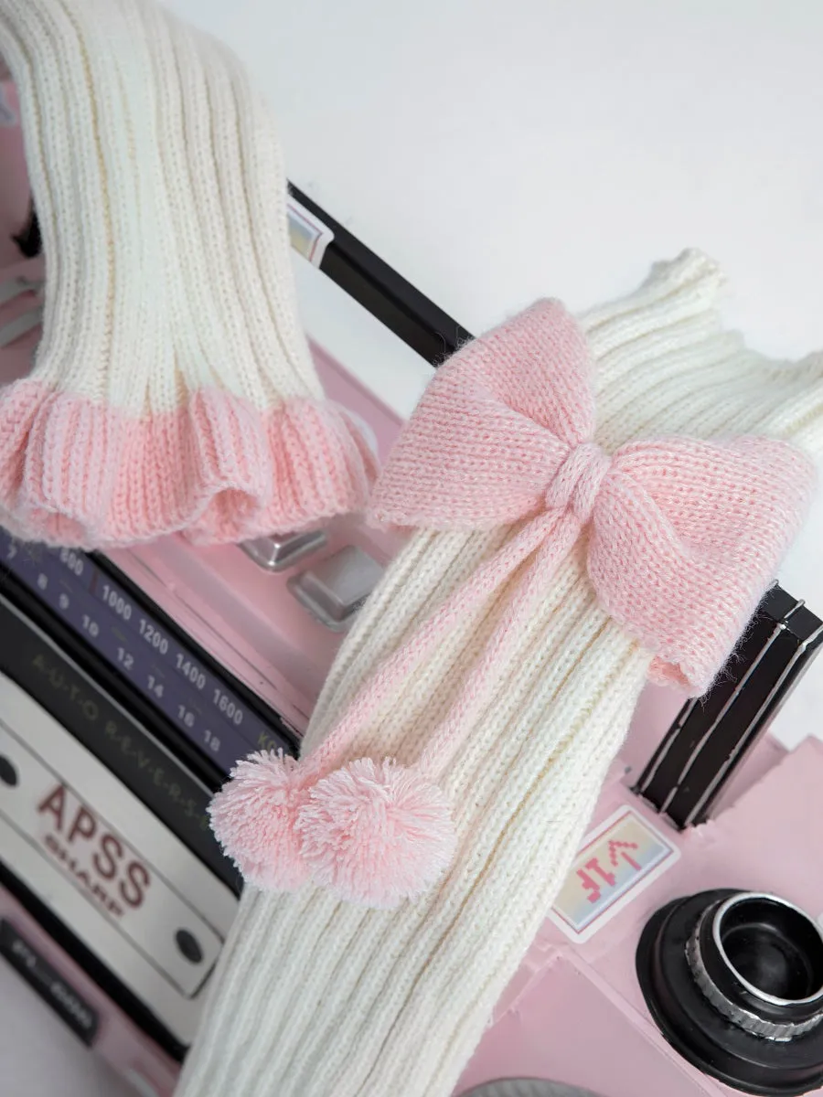 Lolita Fur Ball Lace Pink Bow Socks