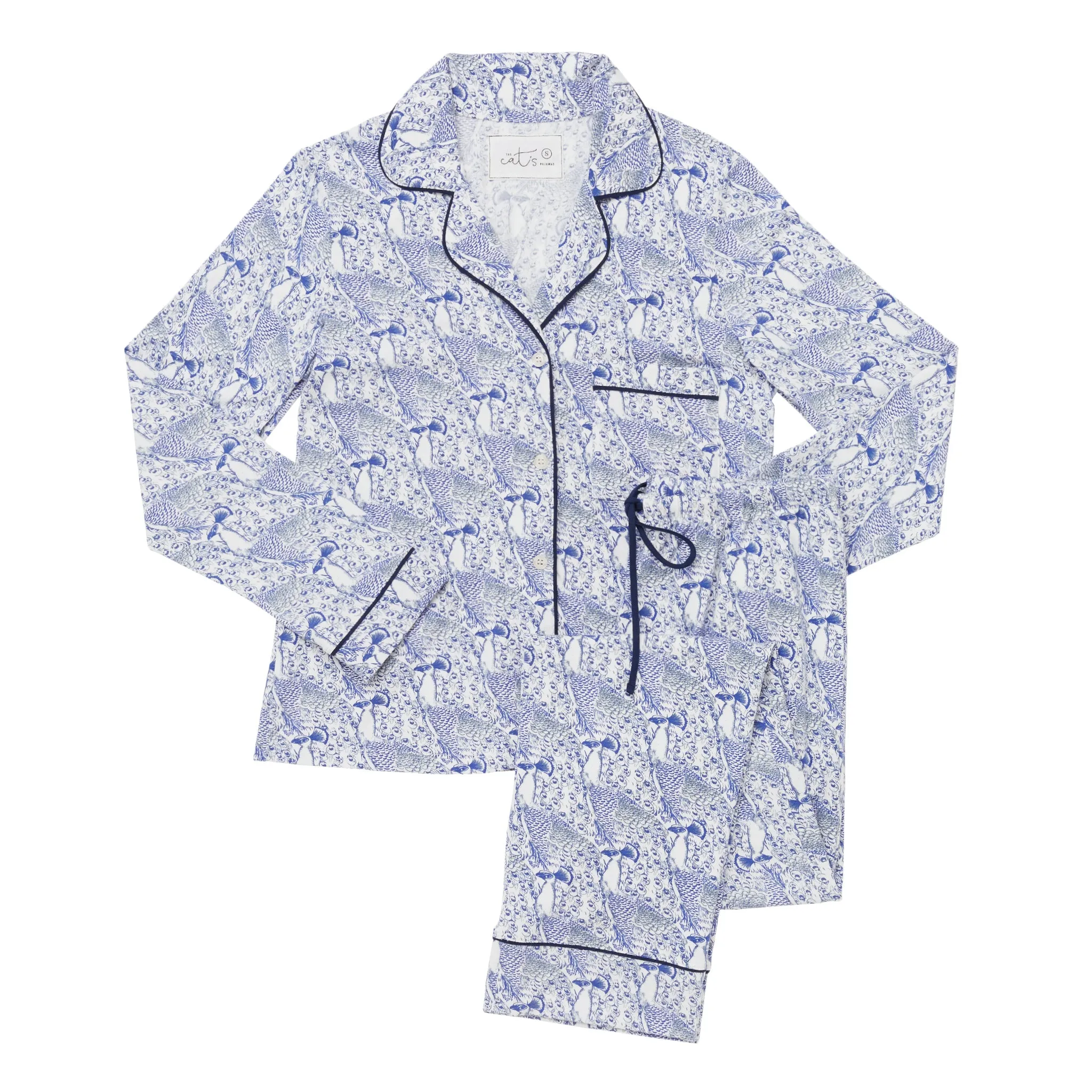 Long Sleeve Classic Knit Pajama Set - Blue Peacock Print