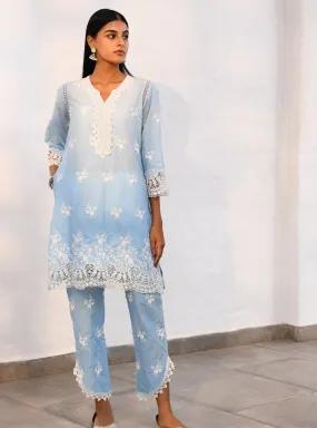 Mulmul Cotton Chapoli Blue Kurta With Mulmul Cotton Chapoli Blue Pant