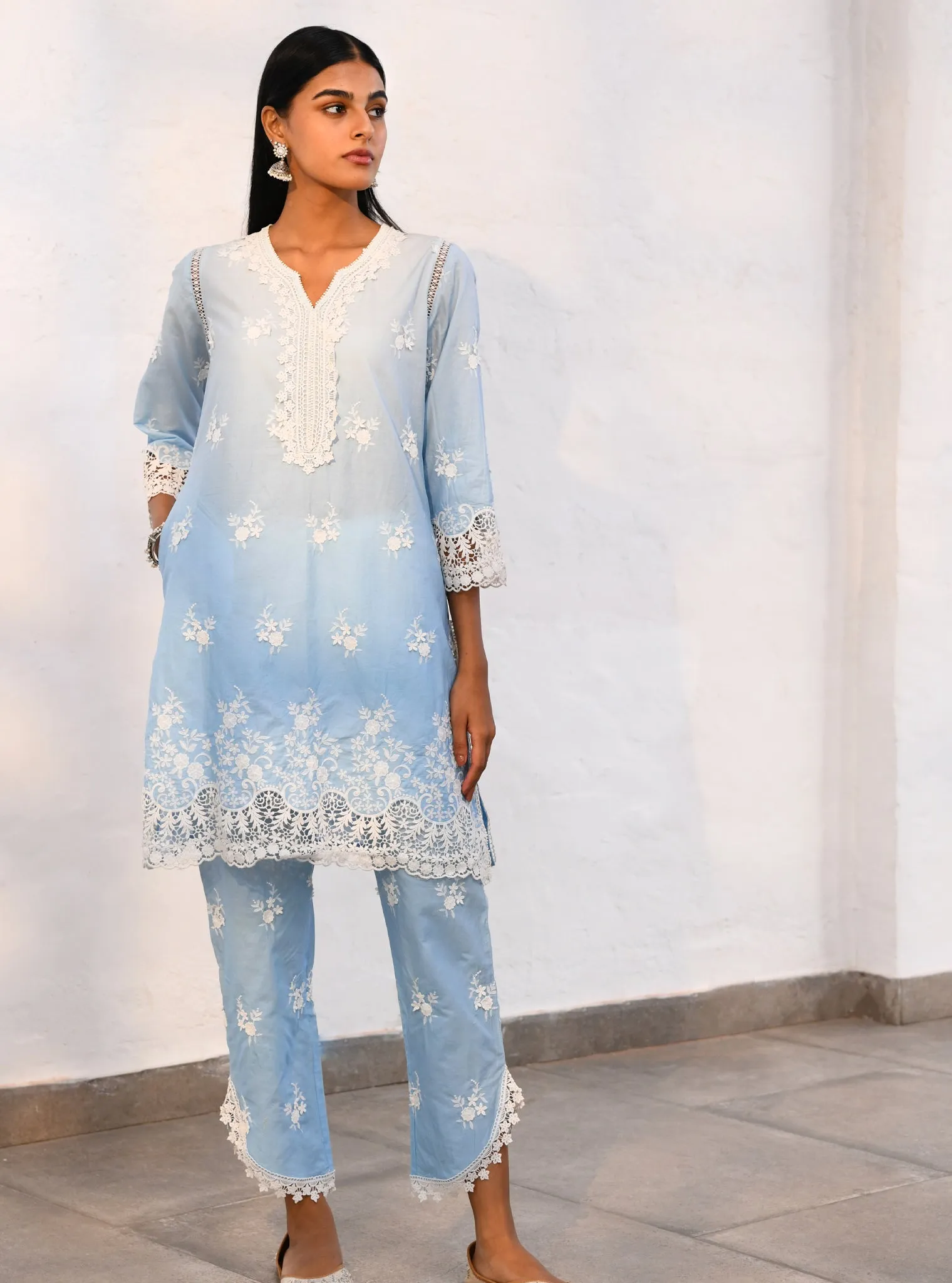 Mulmul Cotton Chapoli Blue Kurta With Mulmul Cotton Chapoli Blue Pant