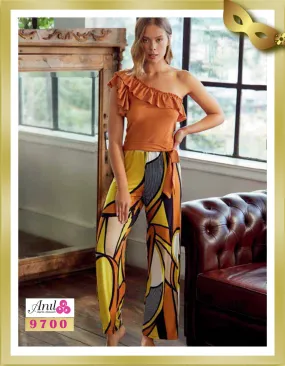 One Shoulder Top and Printed Pant Pajamas 9700