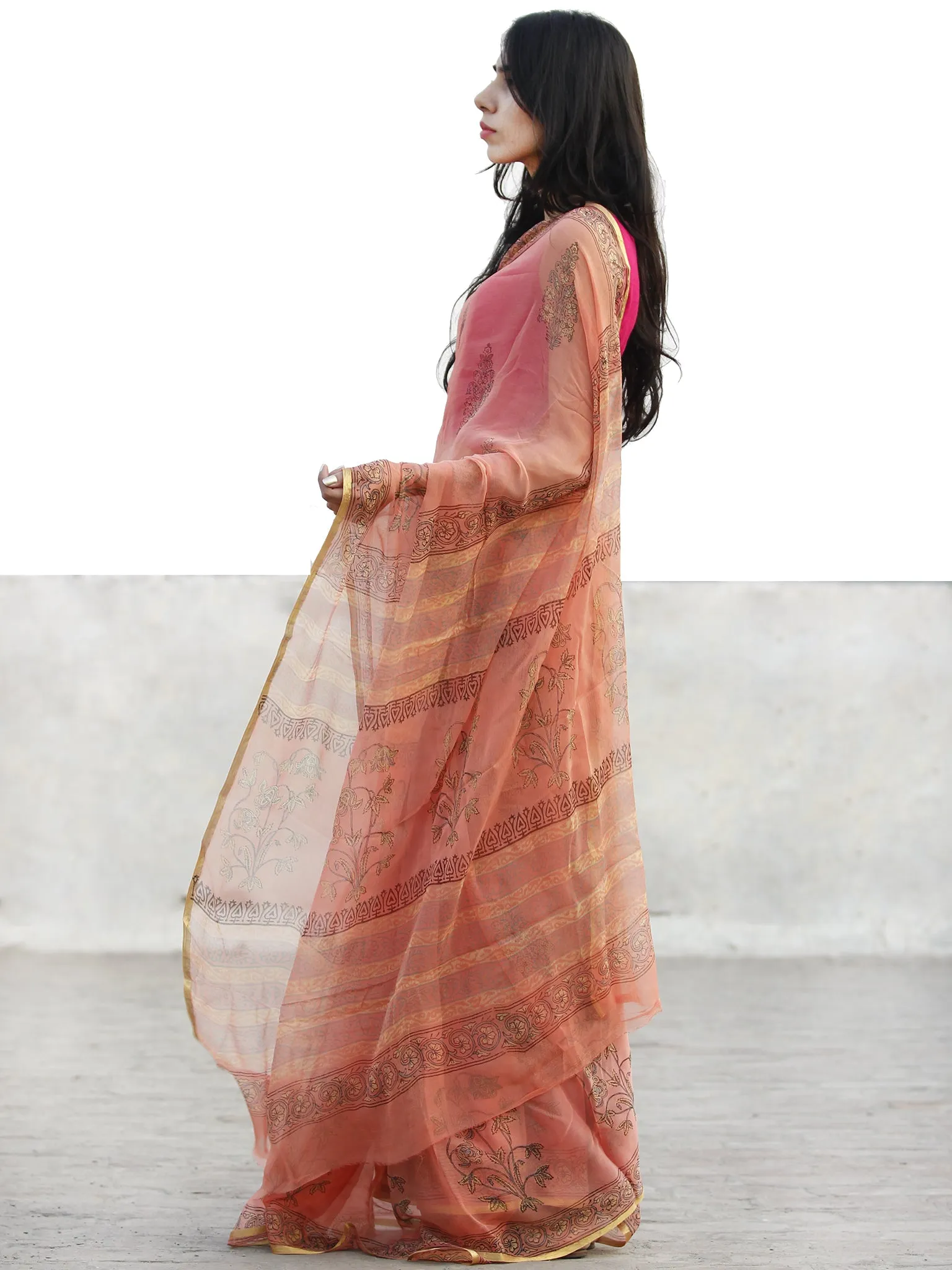 Peach Green  Hand Block Printed Chiffon Saree with Zari border- S031702727