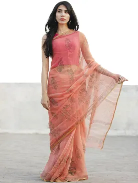 Peach Green  Hand Block Printed Chiffon Saree with Zari border- S031702727